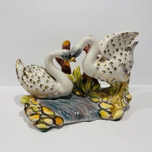 Vintage Collectible Gold Pair of Swans Porcelain Sculpture Gold Trimmed